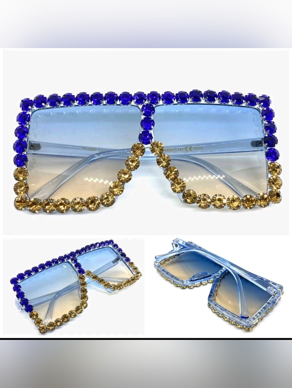 Unisex Blue Crystal-Trim Oversized Square Sunglasses - Picture 2 of 7